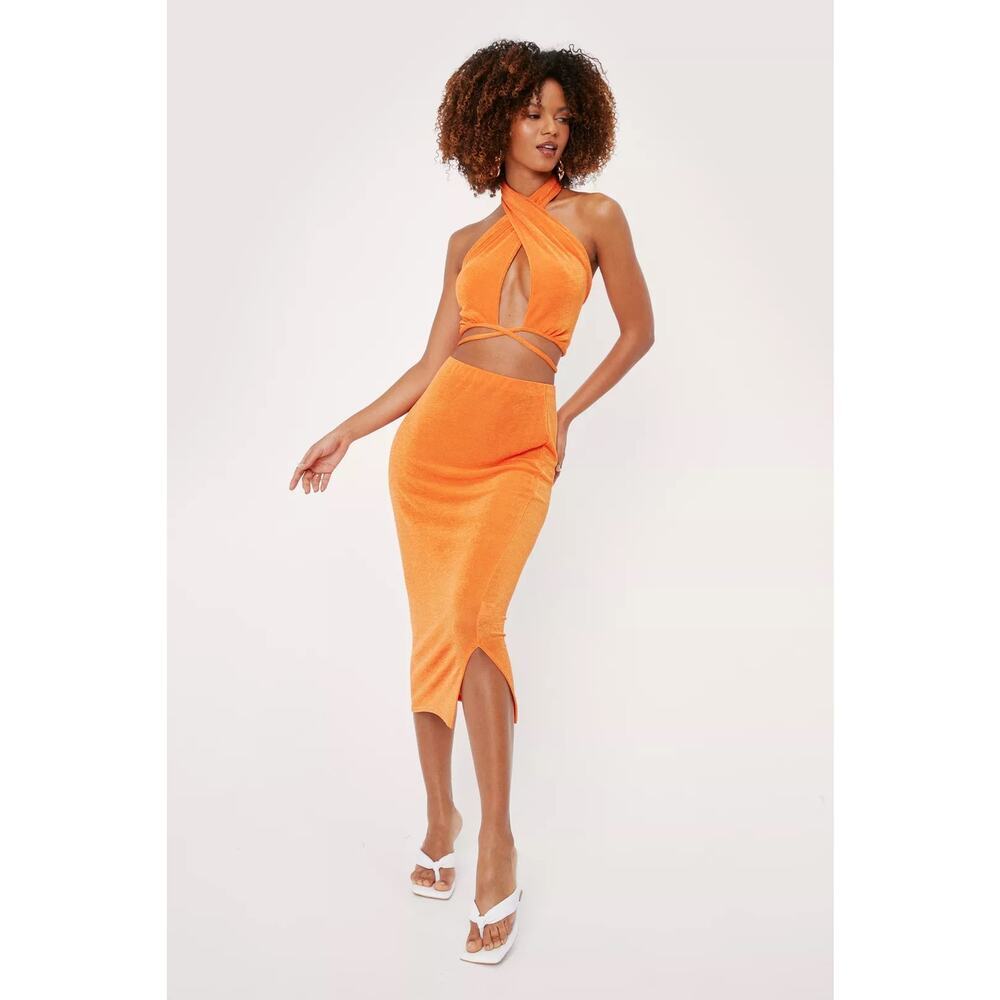 Nasty Gal Women’s Small 6 Orange Terry High Waist Midi Skirt | Split Hem Bodycon